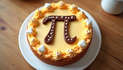 Delicious Pi Day-themed pie, adorned cream frosting chocolate pi symbol. Festive dessert homemade pastry. Perfect for celebration educational content marketing material design.
