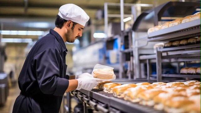 Bakery Worker Packaging Fresh Bread in Modern Production Line

