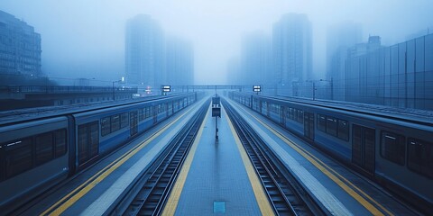 Fototapeta premium Misty Metropolitan Commute: A Train Station in an Atmospheric Urban Landscape