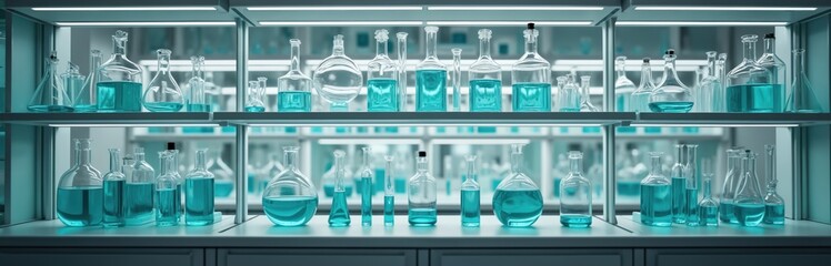 Science lab interior with glass beakers filled with blue liquid on shelves. Scientific lab equipment arranged in a laboratory setting. Chemistry experiment research, medicine tech concept.