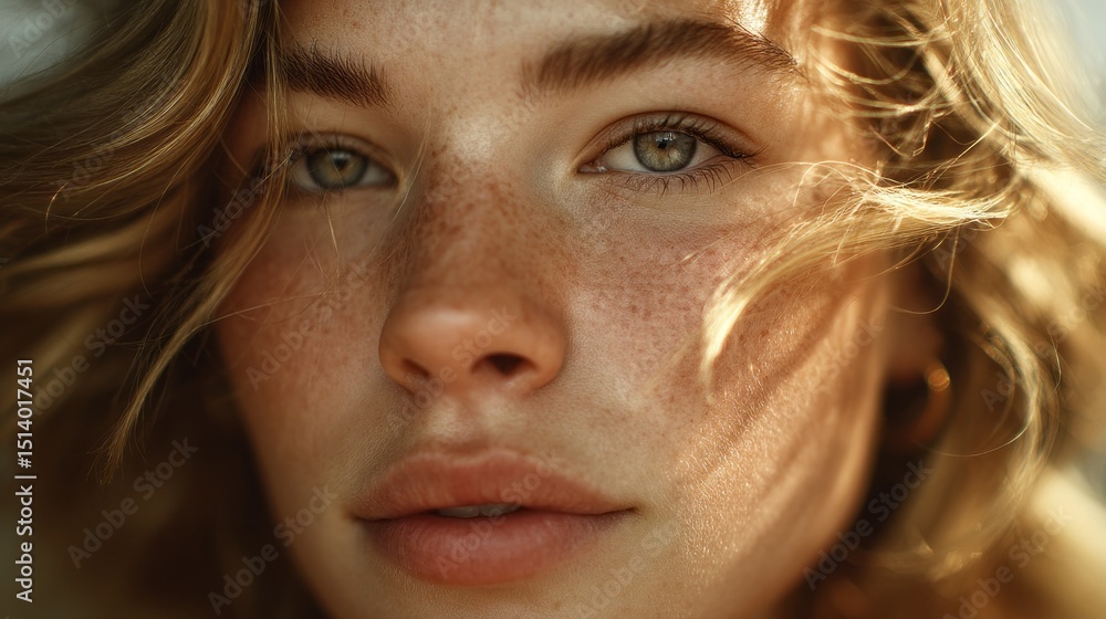 Poster A face is illuminated by soft sunlight, revealing freckles and a serene expression. The hazy background enhances the focus on the captivating eyes and hair gently tousled by a breeze