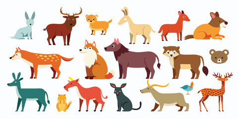 Fototapeta premium Baby Safari Creatures with Big Eyes, Flat Animal Mascots for Kids Books, Pastel Colored Cute Animal Illustrations, Fantasy Forest Animal Icons Bundle, Whimsical Animal Silhouettes Clip Pack, Happy Woo