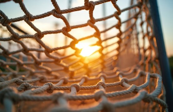 Close-up view of rope net against sunset sky. Rope mesh structure. Golden hour sun shines through netting. Sports, fitness, extreme competition, workout activity concept.