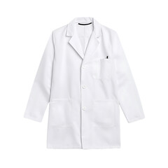 A pristine white lab coat, meticulously laid out to showcase its professional design, featuring three pockets and a classic button-up front.