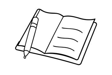 Open notebook with pen simple line drawing illustration