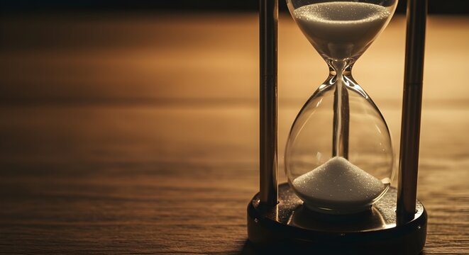 Arena corriendo a trav&eacute;s de los bulbos de un reloj de arena midiendo el tiempo que pasa en una cuenta regresiva hacia una fecha l&iacute;mite con espacio de copia.