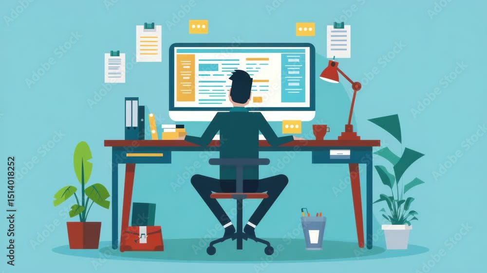 Poster man working at computer in modern office with plants and organized workspace
