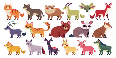 Fantasy Jungle Animals Graphic Bundle, Colorful Forest Beasts for Kids Projects, Playful Wild Animal Vectors Collection, Hand-Drawn Cute Mammals and Critters, Minimal Animal Characters for Printing