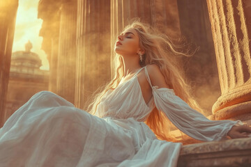 A woman with long blonde hair sitting on stairs