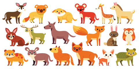 Adorable Woodland Creatures in Flat Style, Fantasy Jungle Animals Graphic Bundle, Colorful Forest Beasts for Kids Projects, Playful Wild Animal Vectors Collection