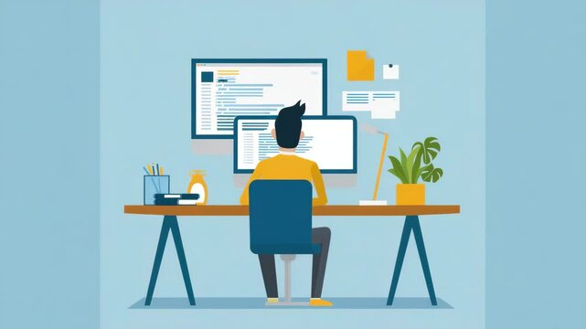 Man in yellow shirt working on computer in modern home office with plant and organized workspace