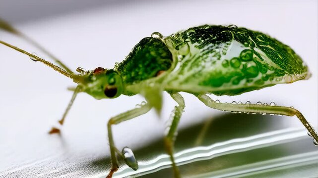 Close up of a green planthopper nymph covered in droplets, showing intricate details on its body and legs, macro photography.