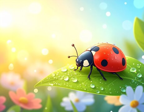 Realistic ladybug with raindrops
