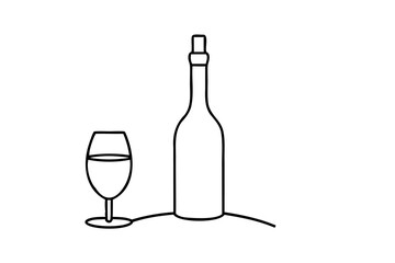 Wine bottle and glass simple line drawing illustration