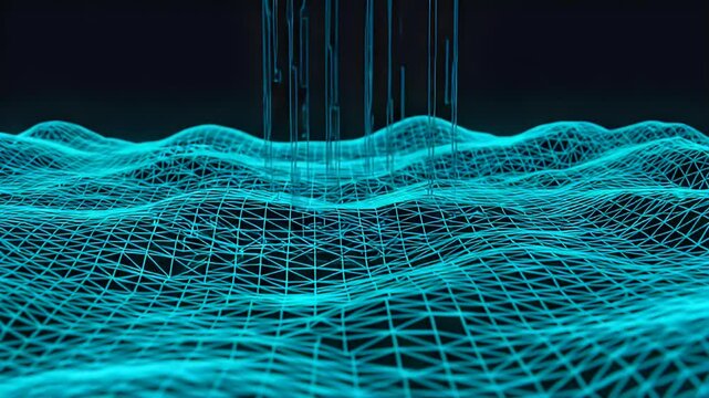 Abstract Turquoise Wavy Grid with Vertical Beams in Dark Background Data Representation Technology Concept Futuristic Design for Adobe Stock