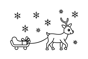 Reindeer pulling sleigh with gift christmas snowflakes winter holiday