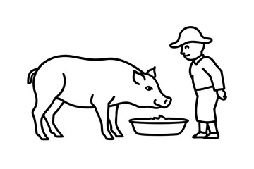 Farmer feeding piglet in a bowl simple line drawing illustration