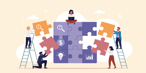 Business Teamwork concept. Contemporary flat style abstract vector illustration of a company of diverse people putting together a huge puzzle details