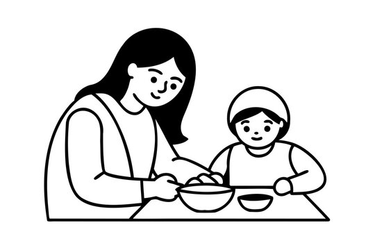 Mother and child preparing food together in kitchen