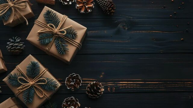 Holiday Gifts & Pinecones: Rustic gifts wrapped in kraft paper, tied with twine & decorated with sprigs of evergreen & scattered pinecones on dark wood background. Festive!