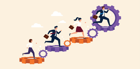 Business Work Process Concept. Vector cartoon illustration of a group of people in business suits running along a mechanism with gears.