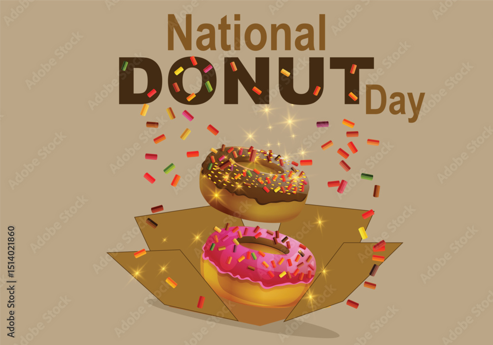 Fototapete national donut day flat vector illustration poster. donuts with a gift box exploding in icing and co