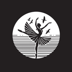 Ballet dancer silhouette on black background. Black and white illustration.