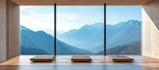 Fototapeta premium Contemporary Room Featuring Wooden Windows Overlooking Mountains, Banner Layout
