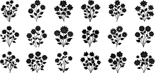 A set of black silhouettes of plants on a White Background 