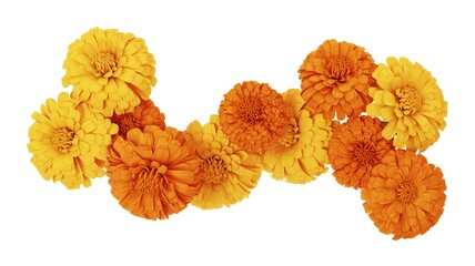 Artistically Arranged Fresh Marigold Flowers Creating Flowing Pattern with Vibrant Orange and Yellow Gradient Against Minimalist White Background