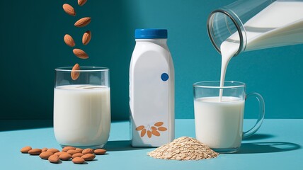 Modern Studio Photography of Plant-Based Milk Preparation with Fresh Almonds and Oats Against Teal Background Showcasing Healthy Lifestyle Ingredients