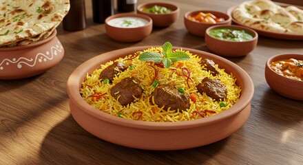 Traditional Lamb Biryani Served in Terracotta Bowl with Accompaniments Including Raita, Chutneys and Naan Bread on Wooden Table