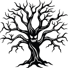 A Silhouette of a Twisted Tree with Spooky Face Embodied in its Trunk on the White Background
