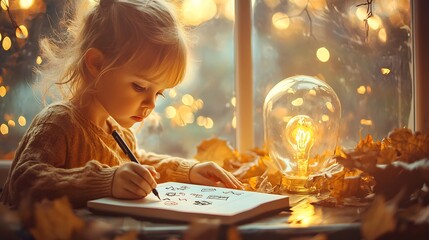 Child writing business ideas in a notebook dreaming of the future warm and inspirational scene