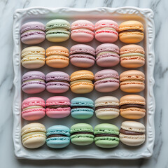 Obraz premium Editorial photo, tray of assorted macarons arranged neatly on a marble surface, pastel tones, professional photo, bright natural light