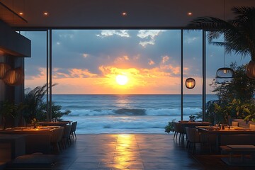 Fototapeta premium Beach horizon restaurant with refined design high resolution picture