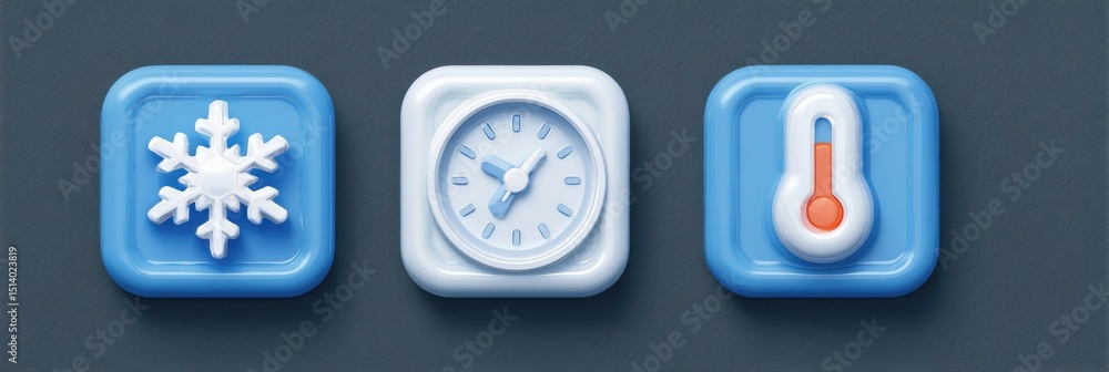 Poster 3d icons showcasing freezer features with snowflake, timer, and thermometer for intuitive temperatur