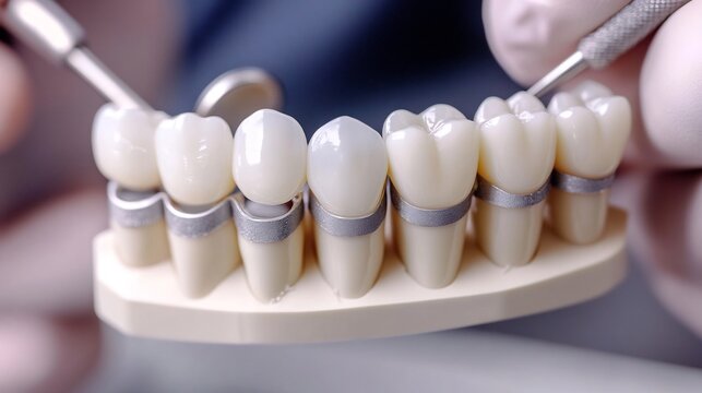 Close up of a dental bridge being adjusted by a professional technician intricate handwork ultra sharp detail on tools and material