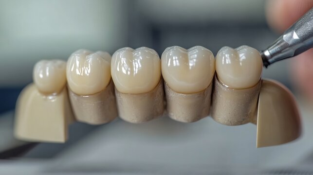 Close up of a dental bridge being adjusted by a professional technician intricate handwork ultra sharp detail on tools and material