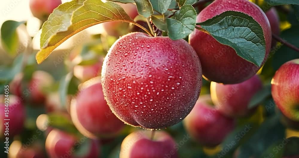 Poster close up of red apples on a tree branch with water drops on them. the background is blurred to show 