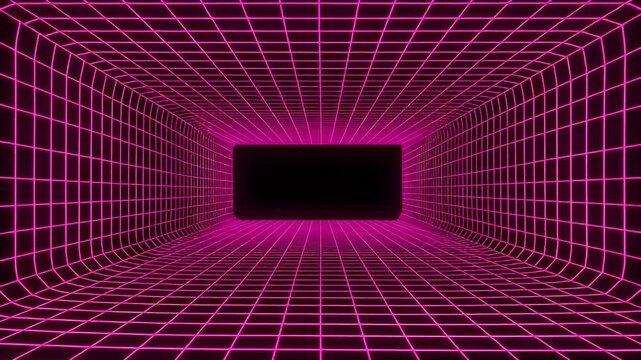 Neon Purple Grid Tunnel with a Dark Rectangle Shape in the Center for Adobe Stock Photo