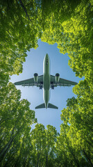 Airplane flies overhead on a bright day framed by lush green trees. Symbolizing sustainable aviation and eco-friendly transport, showcasing innovation in green and future-forward transportation soluti