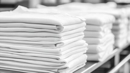 Stacks of clean white linens, sheets, and towels neatly folded, showcasing professional laundry service excellence. Spotless textiles ready for commercial use, emphasizing hygiene, freshness, and unif