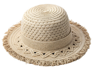 A close up shot of a woven straw hat with a fringed brim and a decorative band around the crown area