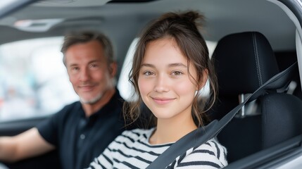 A confident teen girl in the front seat with her driving instructor, safe learning, driver's education and independence. Driving school lessons