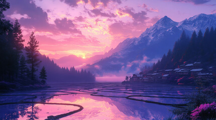 Golden sunrise reflects on terraced rice paddies nestled in a peaceful mountain valley. A tranquil scene capturing harmony between nature, agriculture, and morning light in rural Asia.

