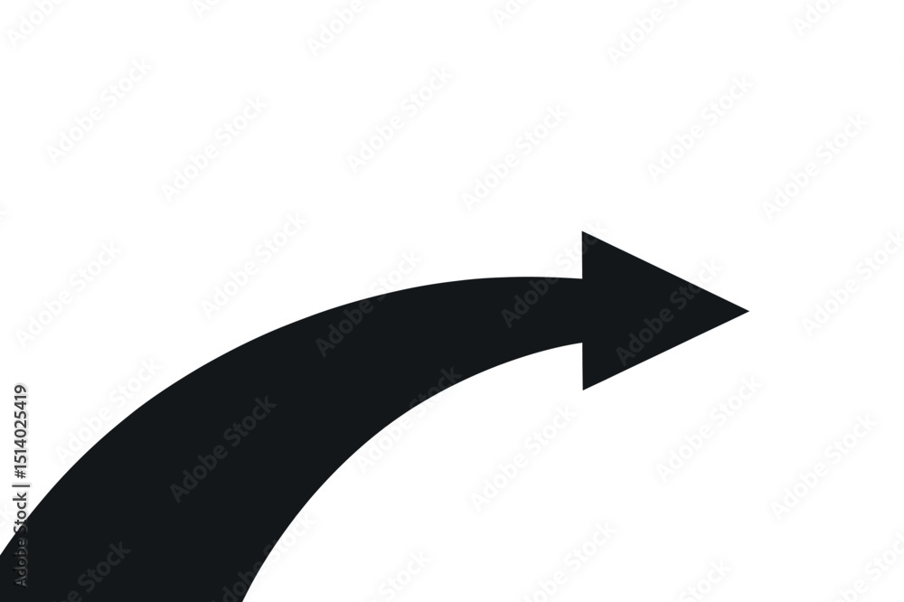 Poster curved black arrow pointing right on a white background indicating direction movement or navigation 