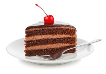 Slice of chocolate cake with cherry isolated on white background