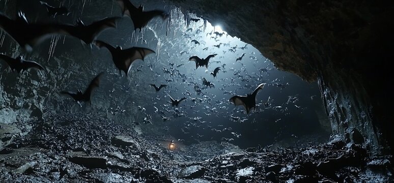 Mysterious Bat Cave: A Swarm of Bats Emerges into the Light from the Dark Abyss