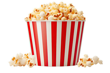 Freshly popped popcorn overflowing a classic red and white striped bucket against black